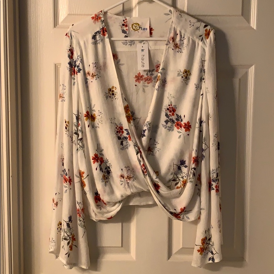 Blue Life Bell Sleeve Flowery Wrap Top